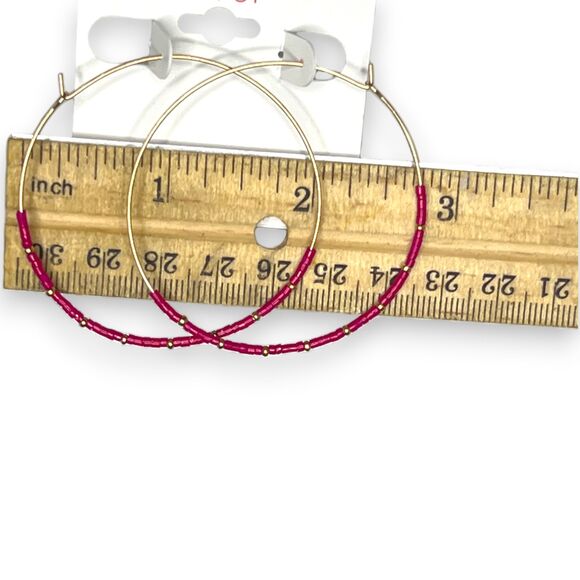 Surf Gypsy Large Red Seed Bead Hoop Earrings 2.75" NWT Gold Tone Boho Statement - Picture 5 of 6